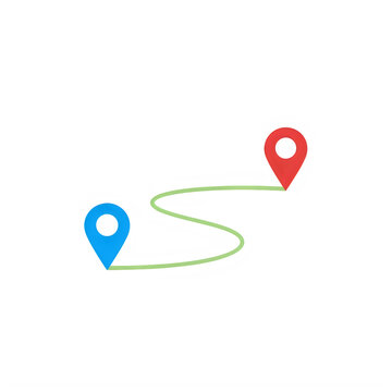 Minimalist route map with blue and red location pins connected by dotted path