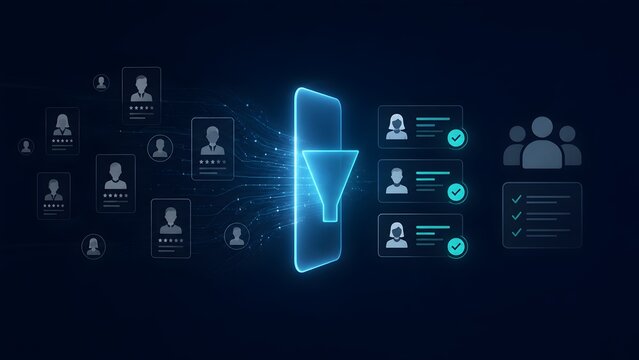 Automated Applicant Tracking System Concept Showing Candidate Profiles Passing Through a Digital Screening Funnel into a Verified Shortlist
