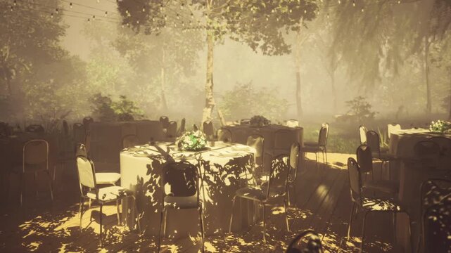 In a serene garden, tables adorned with white linens and floral centerpieces sit amidst dappled sunlight. Shadows play on the ground as nature embraces the festivities to come.