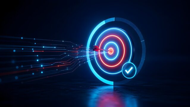 Futuristic Digital Target with Dart in Bullseye and Checkmark Icon Illustrating Goal Achievement in Cyberspace