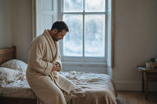 A man getting out of bed wrapped in a thick robe, frosted window panes glowing with pale winter light, soft neutral colors