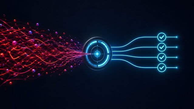 Chaotic red network data streams entering a digital target portal and transforming into organized blue lines, representing data filtering and system optimization.