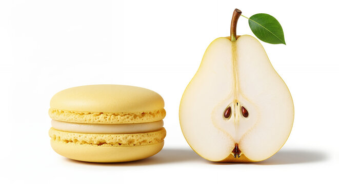 A pear-flavored macaron with a sliced pear, isolated on a pure white background