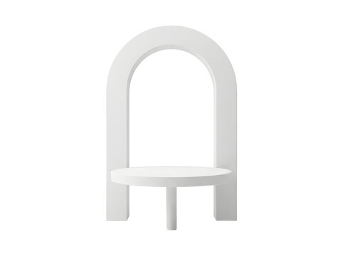 Minimalist white arch platform stand for product placement.