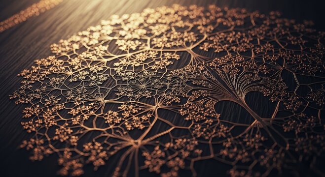Intricate Bronze Ornamental Pattern with Floral and Branch Motifs on Dark Textured Surface
