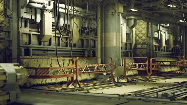 Narrow inspection alley with exposed piping and wiring, inspection panels with gauges, clamps and brackets on walls, dim overhead lights, industrial textures