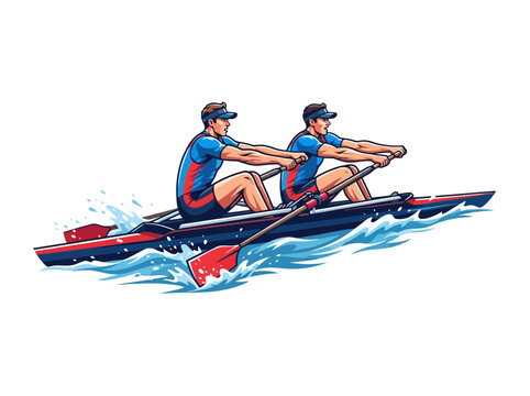 Two athletes rowing a racing shell boat on water.