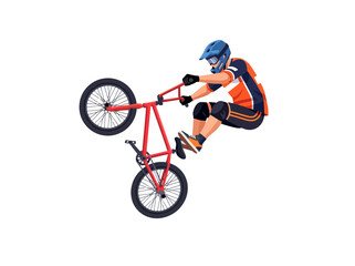Obraz premium A professional cyclist performing a high jump stunt on a red BMX bike.