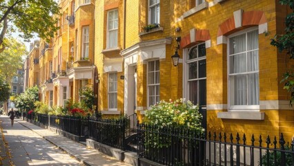 Naklejka premium Classic yellow brick terraced houses on sunny street.