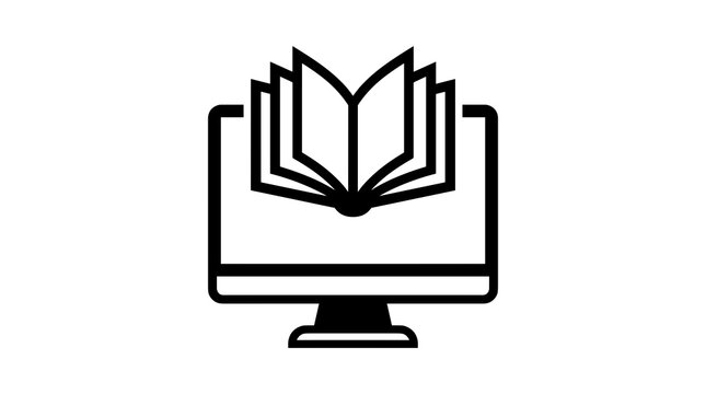 Digital education icon showing open book on computer monitor screen