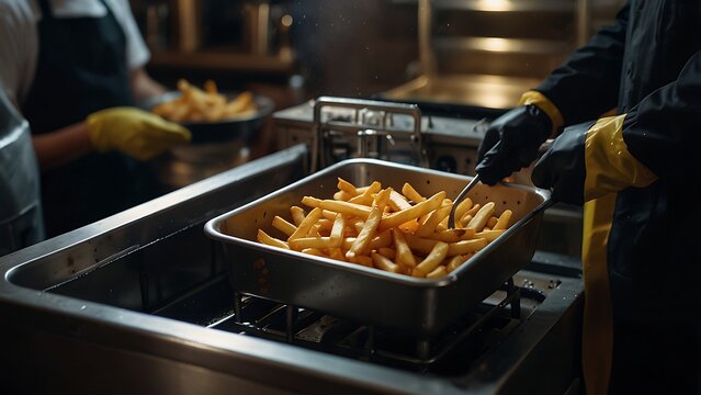 Professional cooks and chefs frying French fries in a commercial restaurant kitchen deep fryer with hot oil, fast food preparation process, and culinary industry workflow operations