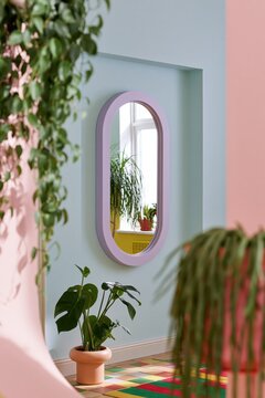 Arched wall mirror reflects houseplants in a pastel room, stylish home interior, cozy lifestyle, modern decor, biophilic design.