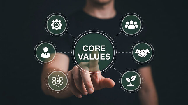 Core values concept with hand holding magnifying glass