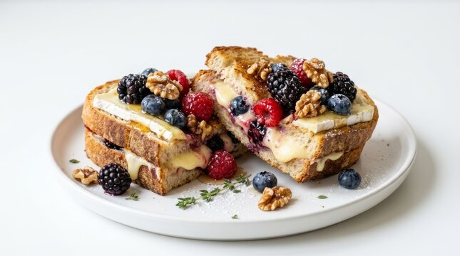Delicious gourmet grilled cheese sandwich bursting with fresh berries and nuts, a sweet and savory delight.