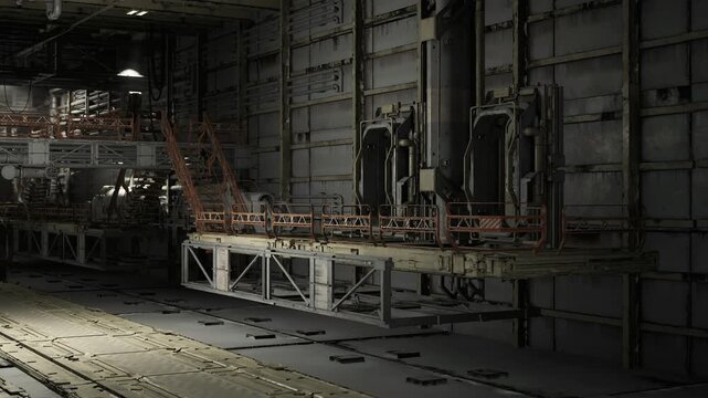 Modern retrofit hangar platform with sensor arrays, cable trays, diagnostic panels, ambient LED lighting, predictive maintenance signage and techready pathways.