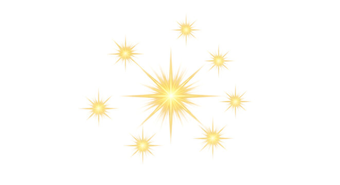 Glowing yellow sparkle starburst elements isolated on a transparent background for creative graphic design projects and magical light effects