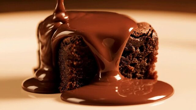 Decadent Close-Up of Chocolate Drizzled Brownie Cube on Pale Beige Background Perfect for Dessert and Baking Concepts