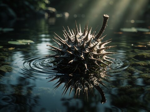 Close up of a Spiky Seed Pod Floating on Calm Water with Ripples