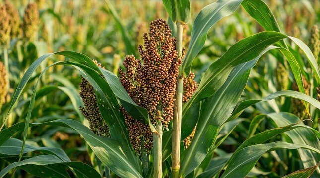 Close-up of ripe sorghum plants in a sunlit field, showcasing a bountiful harvest.
