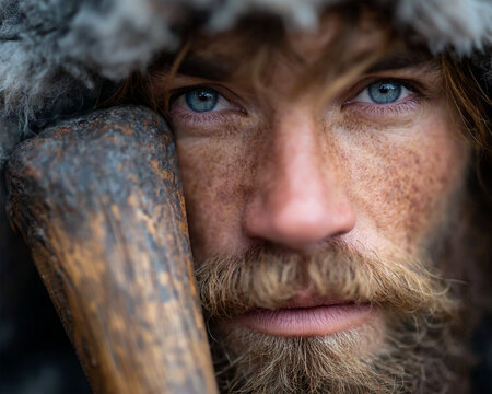 Extreme close-up portrait of a fierce Nordic viking warrior with striking blue eyes, holding a rustic wooden axe near his face