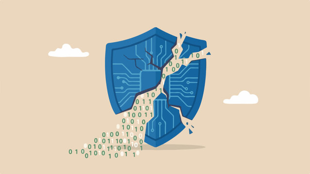 Firewall protection failure, hacking vulnerability, data privacy risk concept, cracked digital shield breaking apart with binary numbers falling out like sand