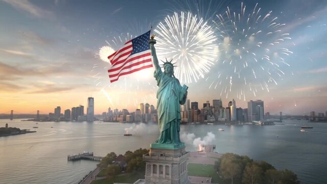 Statue of Liberty waves American flag during bright celebratory fireworks video