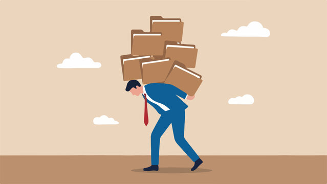 LOverworked, burnout, excessive workload concept, businessman carrying a massive stack of folders on his back, clean minimal flat vector illustration