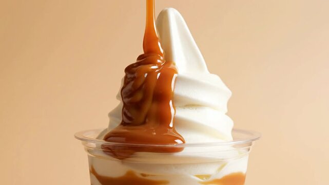 Delicious Caramel Sundae Cup With Creamy Soft Serve Ice Cream Drizzled With Rich Caramel Sauce On A Pale Beige Background Ideal For Dessert Promotion