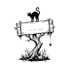 Spooky wooden signboard with black cat and spider signboard halloween background