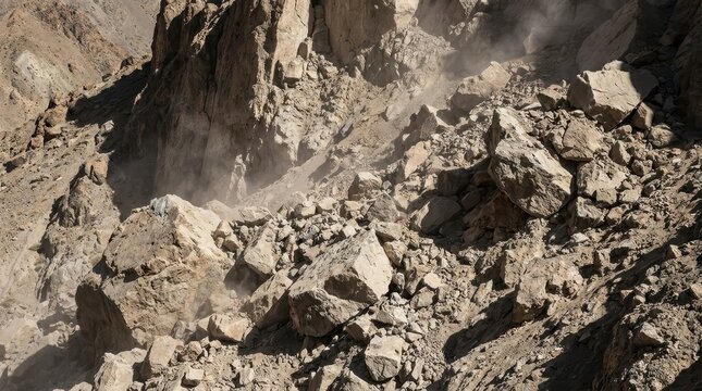 Jagged rockfalls creating chaotic piles of debris and dust from a mountain cliff face
