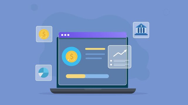 Modern flat vector animation of a laptop financial dashboard with currency, banking, payment, and analytics interface elements for finance and business concepts.