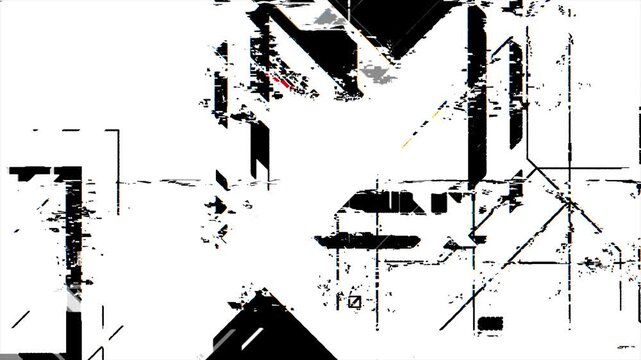Motion graphic featuring high contrast glitch distortion, fragmented geometric shapes, digital interference and abstract line patterns on a black and white background