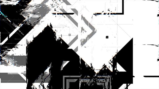 Motion graphic featuring high contrast glitch distortion, fragmented geometric shapes, digital interference and abstract line patterns on a black and white background