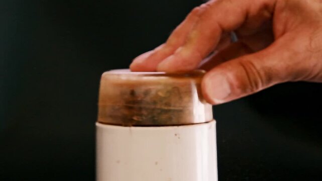 a person pressing down on the clear plastic lid of an electric blade coffee grinder