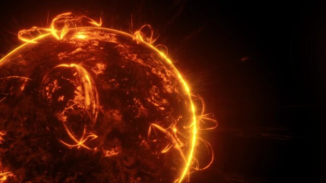 Blazing solar surface erupting with plasma and filaments, cinematic HDR detail, intense orange corona loops, sparks and particle trails, sense of raw stellar