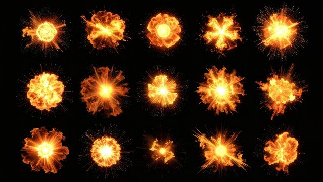 Collection of fire sparks and orange flame explosions