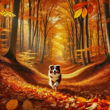 Joyful Australian Shepherd in Autumn Forest