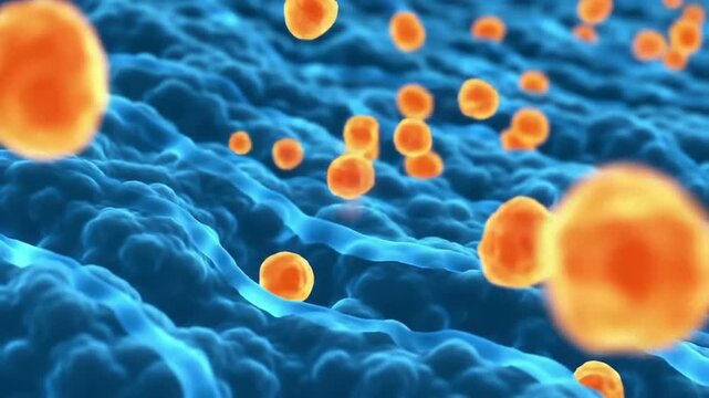 4K Close Up Visual Of Cellular Nutrition Absorption In Warm Orange Tones Showcasing Molecules And Structure In A Scientific Context