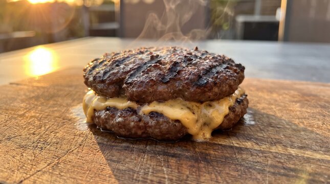 Juicy double beef cheeseburger patty with grill marks and melting cheddar cheese releasing appetizing steam sitting on a rustic wooden cutting board prepared during golden hour sunset light 