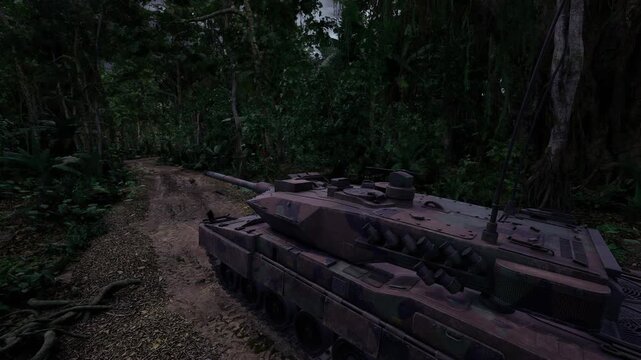 Derelict tank on muddy forest trail, flaking paint and corroded metal, scattered leaves and moss patches, documentary tone suggesting history and salvage