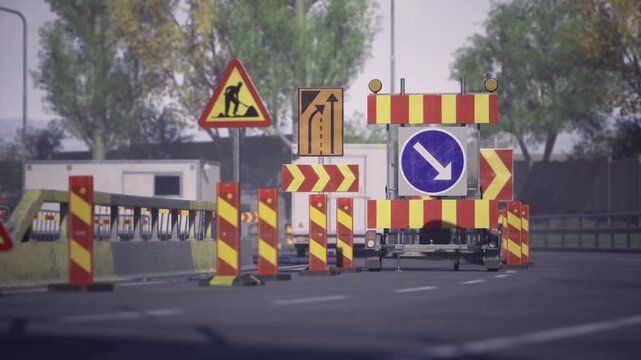 Worksite equipment and barrier signs signal renovation shutdown, directional arrows and blockade panels form alternative pathway, gritty urban atmosphere
