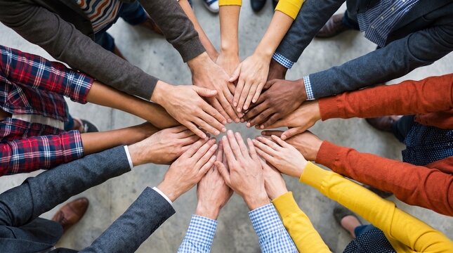 Top view of diverse multiethnic group of business people stacking hands together in a circle for unity and teamwork.