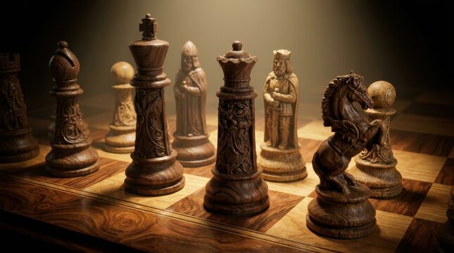 Intricately Carved Wooden Chess Pieces Arranged on a Chessboard in Warm Lighting