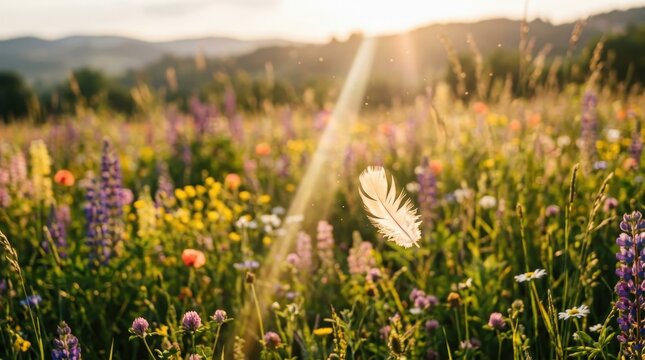 Single feather gracefully falling through a sunlit shaft in a vibrant wildflower meadow
