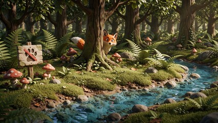 Fototapeta premium Cute Stylized Fox Peeking from Behind a Tree in a Magical Forest by a Stream