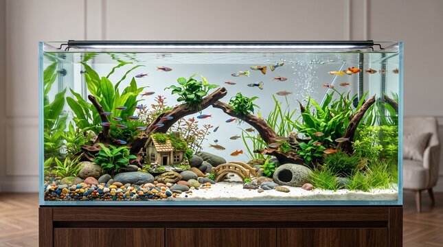 Modern aquascaped freshwater aquarium, planted fish tank with driftwood and tropical fish, luxury home interior decor