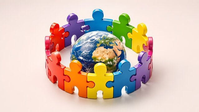 Colorful interlocking puzzle pieces shaped like human figures surrounding the Earth representing global integration teamwork and international unity