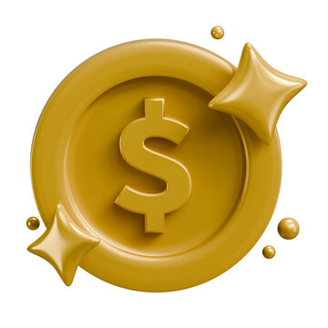 3D Golden Dollar Coin Icon with Stars and Glossy Texture