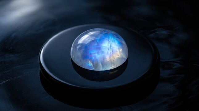 Luminous Moonstone Cabochon with Distinctive Blue Adularescence on Dark Background