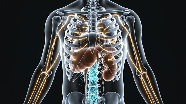 Detailed 3D Anatomical Illustration of Human Skeleton with Internal Organs Including Ribs, Spine, and Kidneys for Medical and Health Concepts